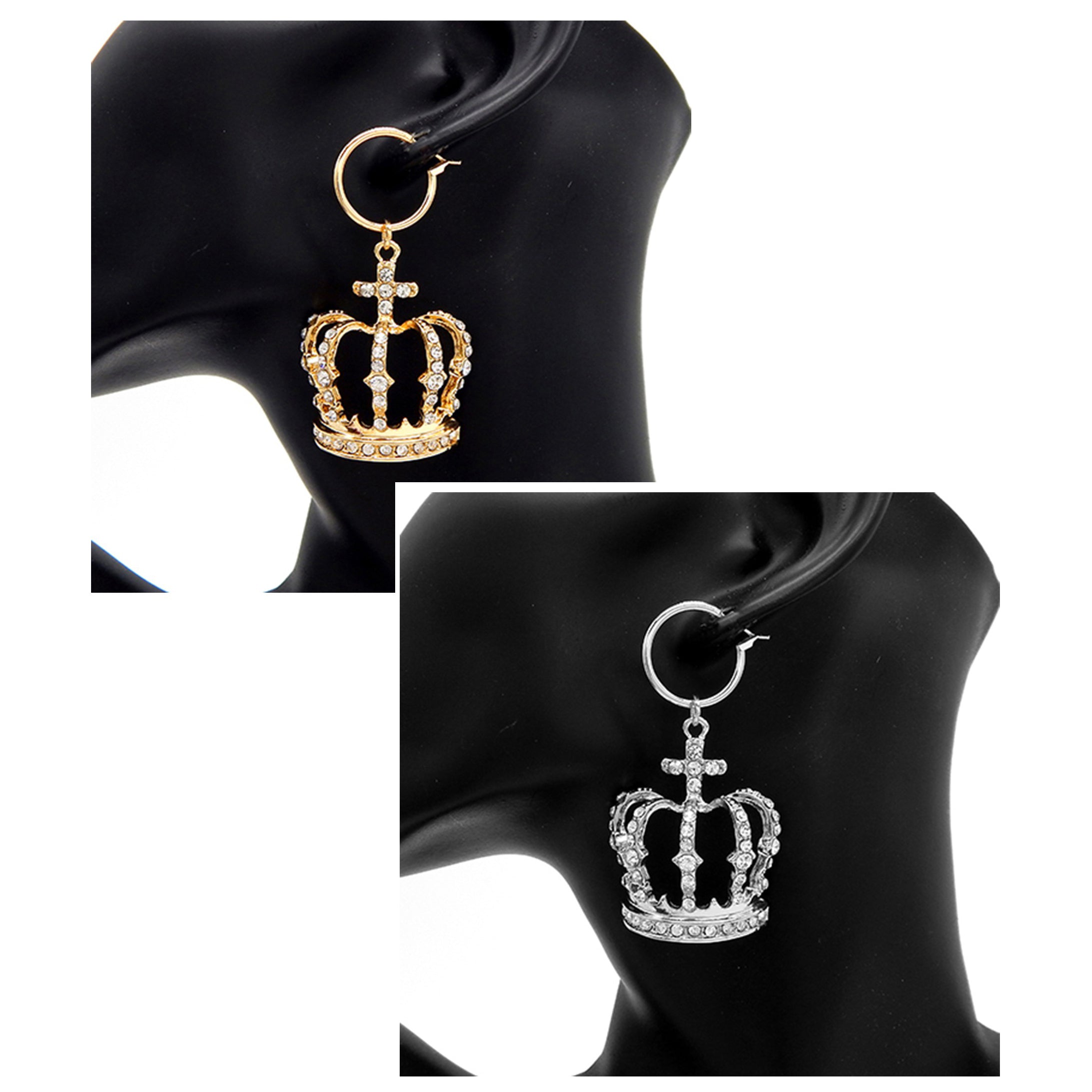 Bling Crown Charm Dangling Baby Hoop Earrings featuring a crown design and clip back, perfect for stylish accessorizing.