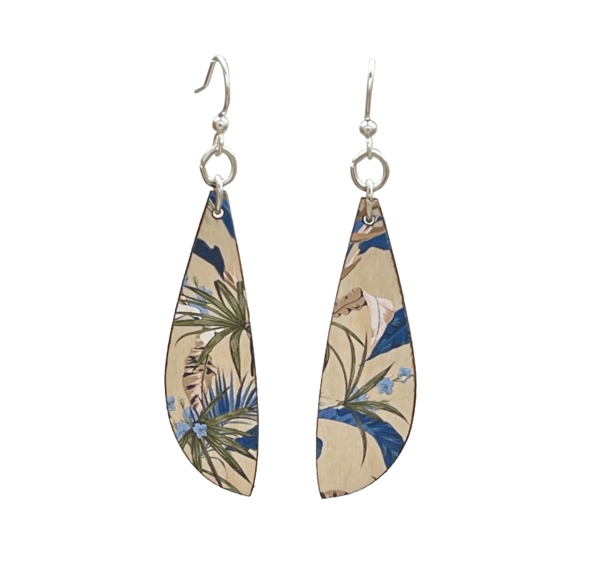 Elegant Blue Botanical Earrings made from sustainably sourced wood with silver-finished stainless steel ear wires.