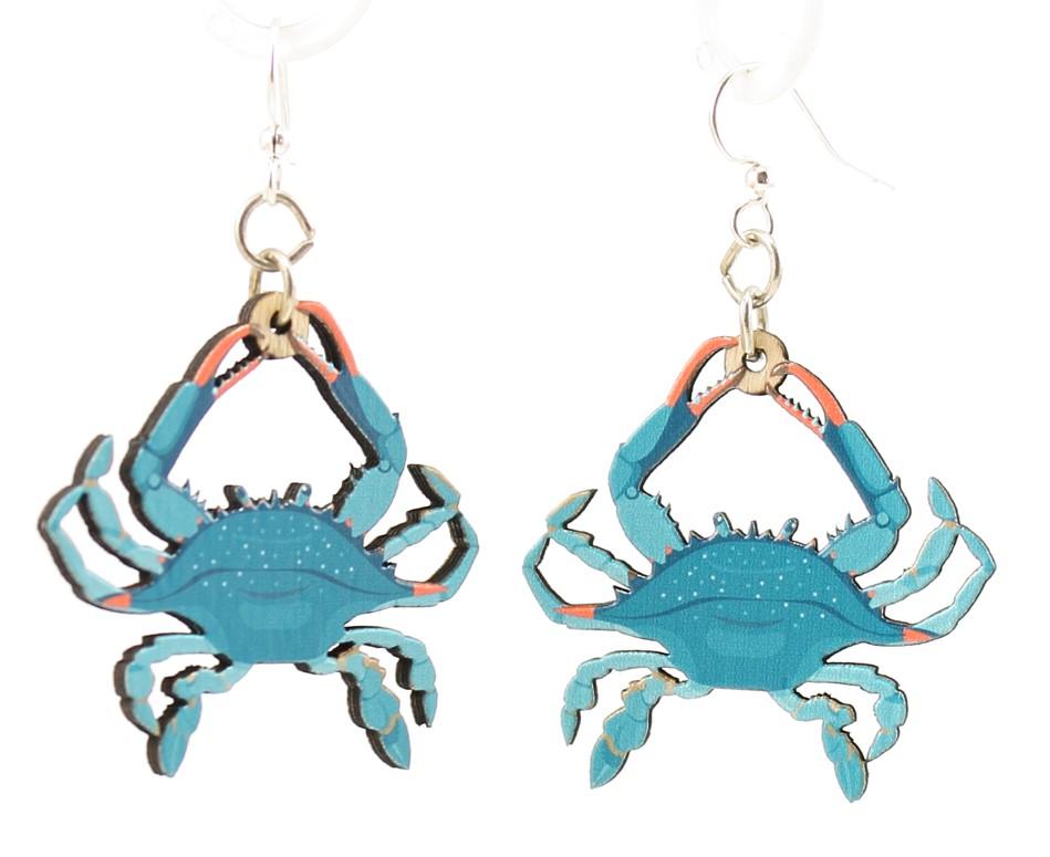 A pair of Blue Crab Earrings featuring a vibrant crab design on the front and a natural wood back, showcasing eco-friendly craftsmanship.