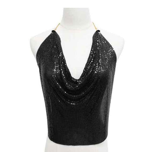 A stylish silver body chain designed for backless tops, featuring a mesh design and adjustable clasp.