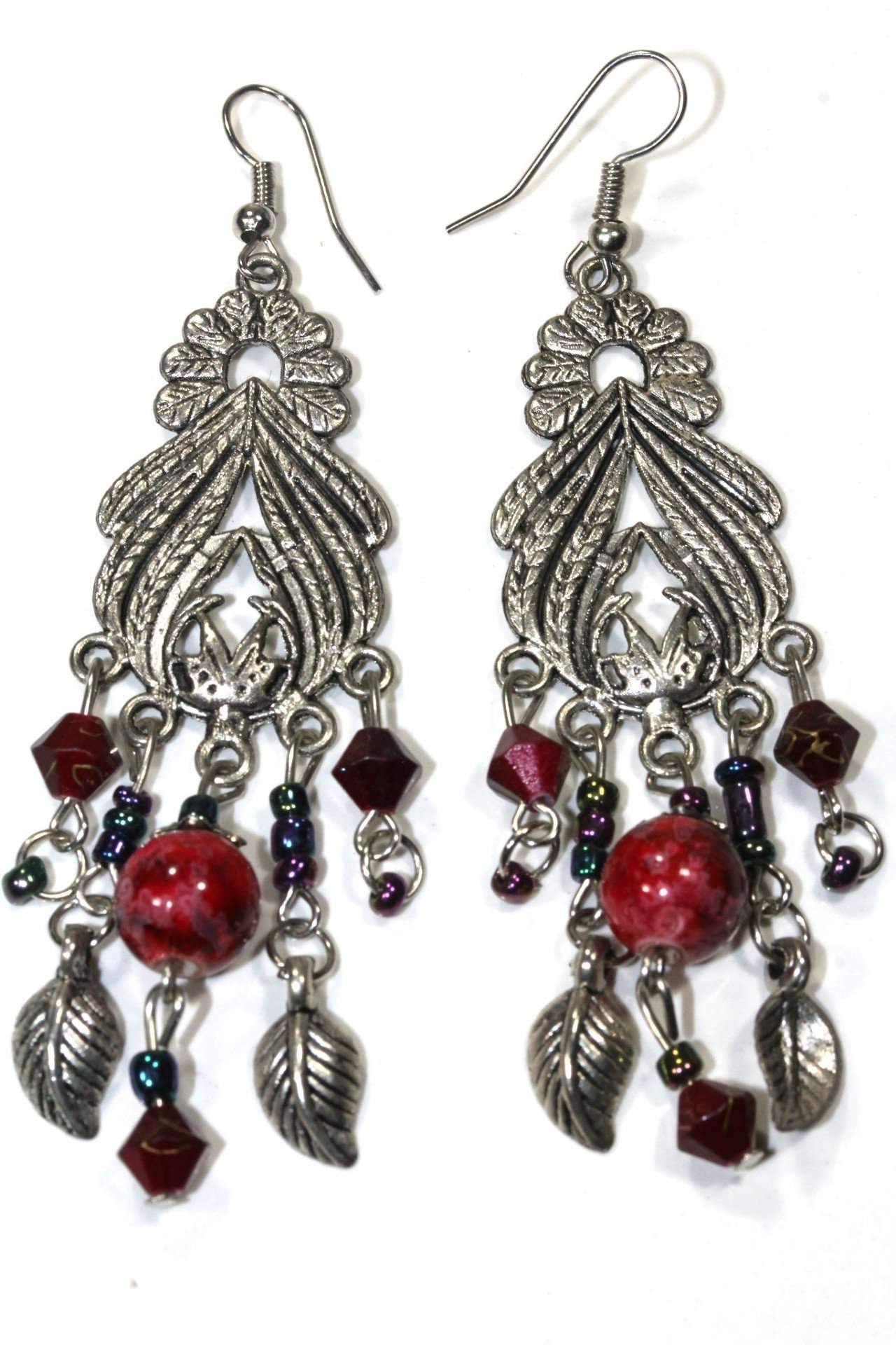 Elegant Bohemian Queen Marbled Bead Earrings featuring gold specs, tiered beads, and leaf charms, perfect for bohemian style.