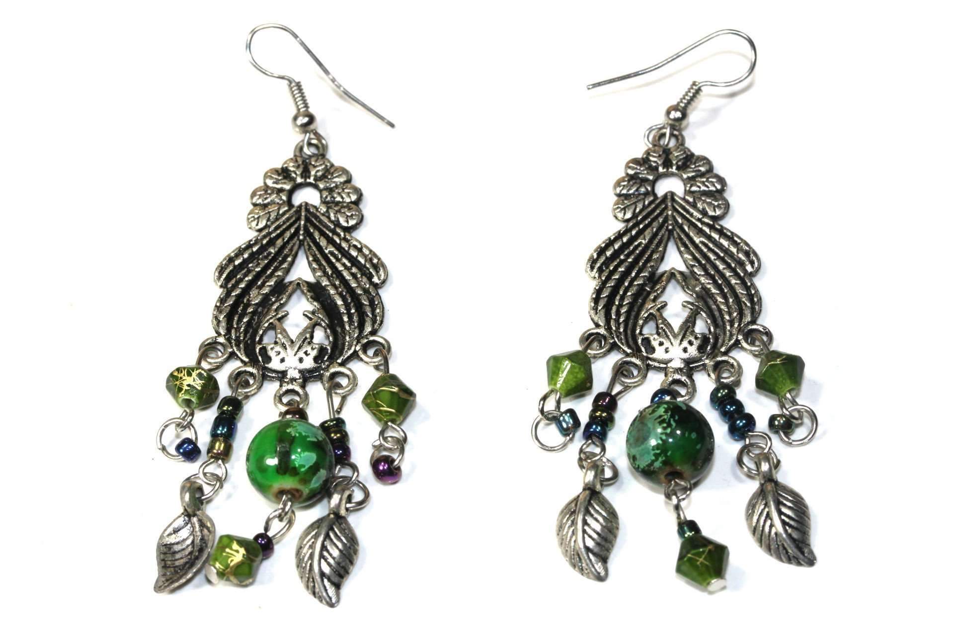 Elegant Bohemian Queen Marbled Bead Earrings featuring gold specs, tiered beads, and leaf charms, perfect for bohemian style.