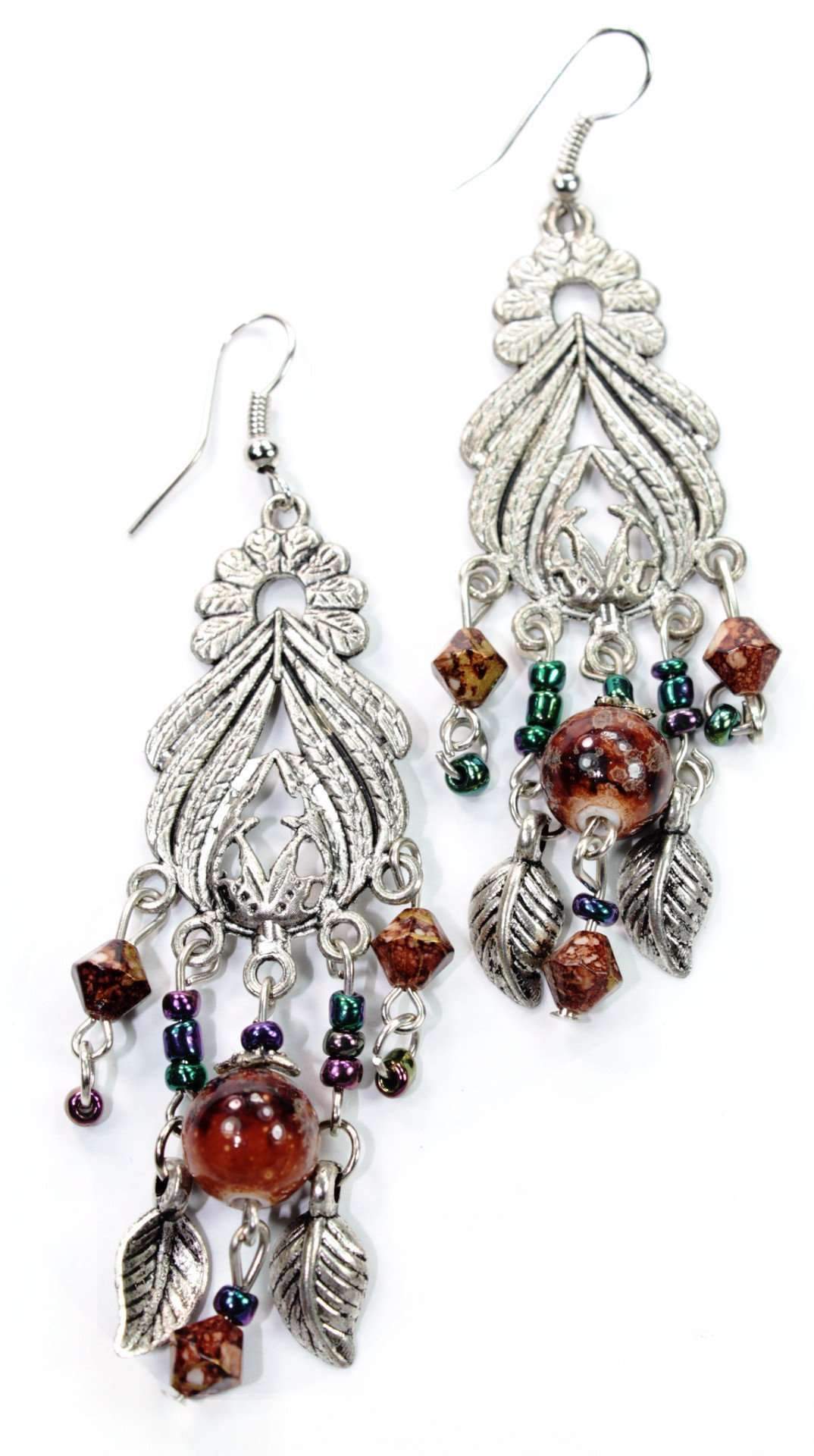 Elegant Bohemian Queen Marbled Bead Earrings featuring gold specs, tiered beads, and leaf charms, perfect for bohemian style.