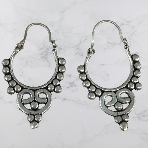 Bohotusk Silver Circle Drop Earrings in oxidised silver, featuring a circular design and ear wire closure, elegantly displayed.