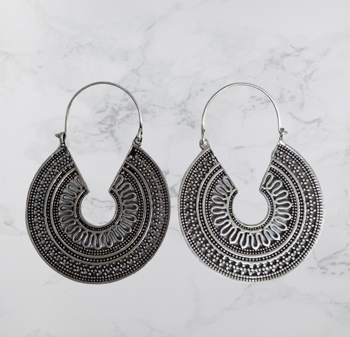 Bohotusk Silver Mosaic Drop Earrings featuring oxidised silver with intricate mosaic detailing, showcasing a stylish drop design.