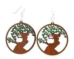 A pair of multicolored bonsai tree earrings made from sustainable wood, featuring intricate laser-cut designs and silver-finished hypoallergenic ear wires.