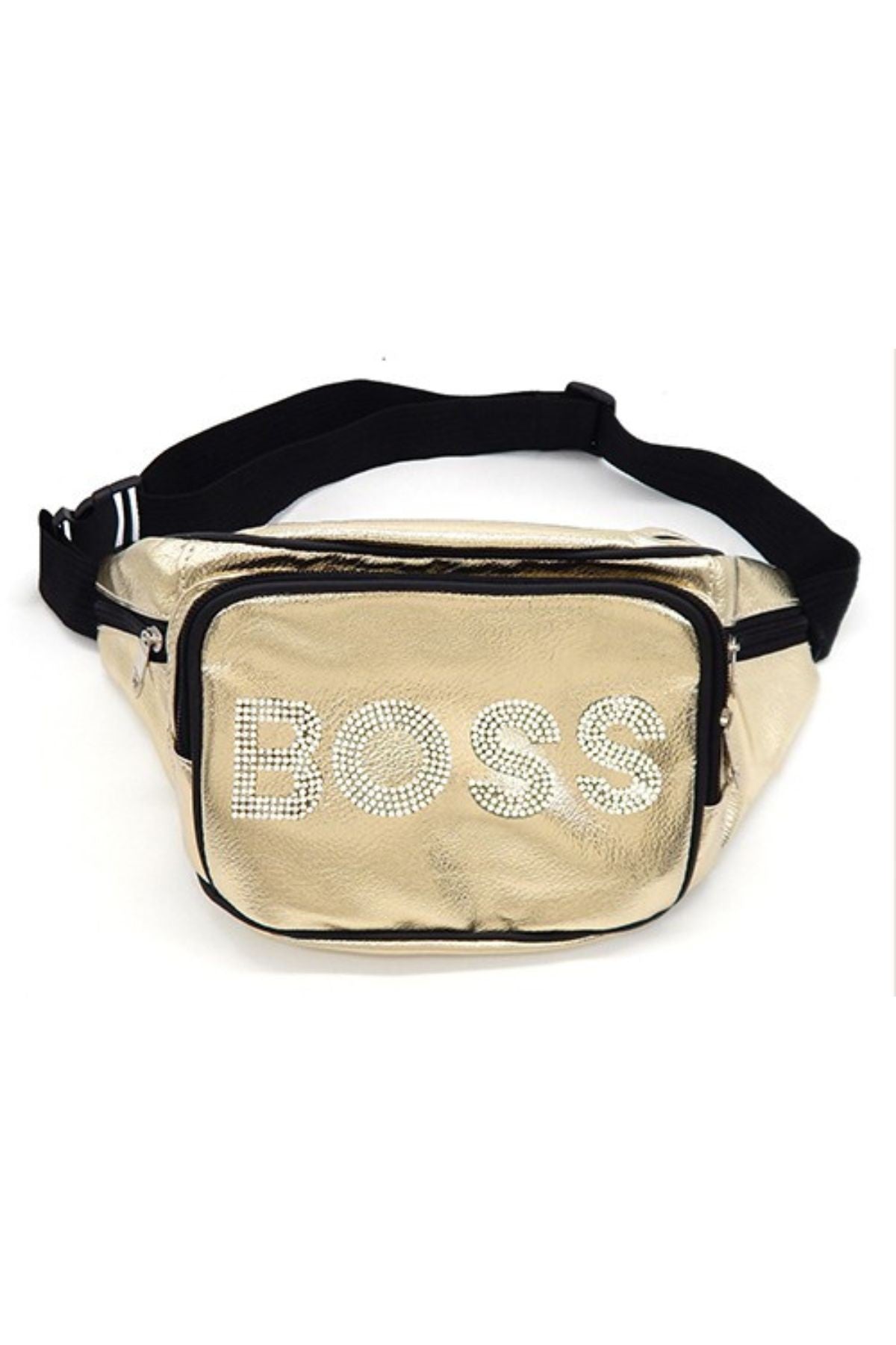 BOSS Letter Rhinestone Fanny Pack in smooth PU leather with adjustable strap and zipper closure, featuring stylish rhinestone detailing.