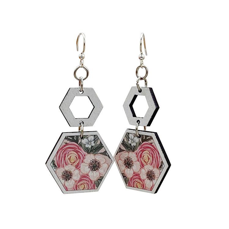 A pair of Botanical Hexagon Earrings #1683 made from sustainably sourced wood with silver-finished stainless steel ear wires, showcasing a unique hexagonal design.