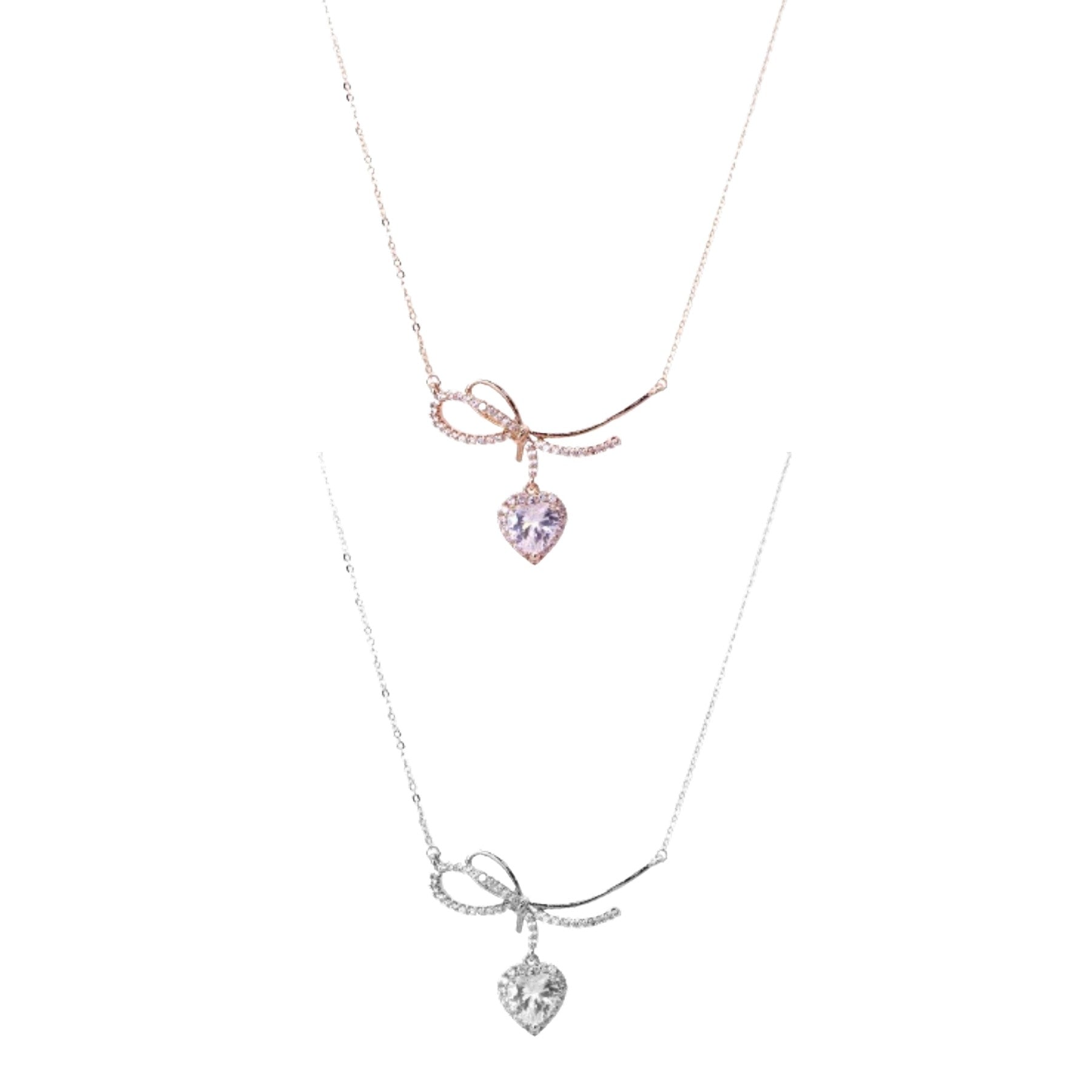 Bow Heart Dangle Necklace featuring a charming bow design and a secure lobster claw clasp, perfect for elegant occasions.