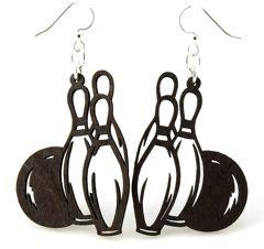 Bowling Ball and Pin Earrings made from sustainably sourced wood, featuring a black satin finish and silver-finished stainless steel ear wires.