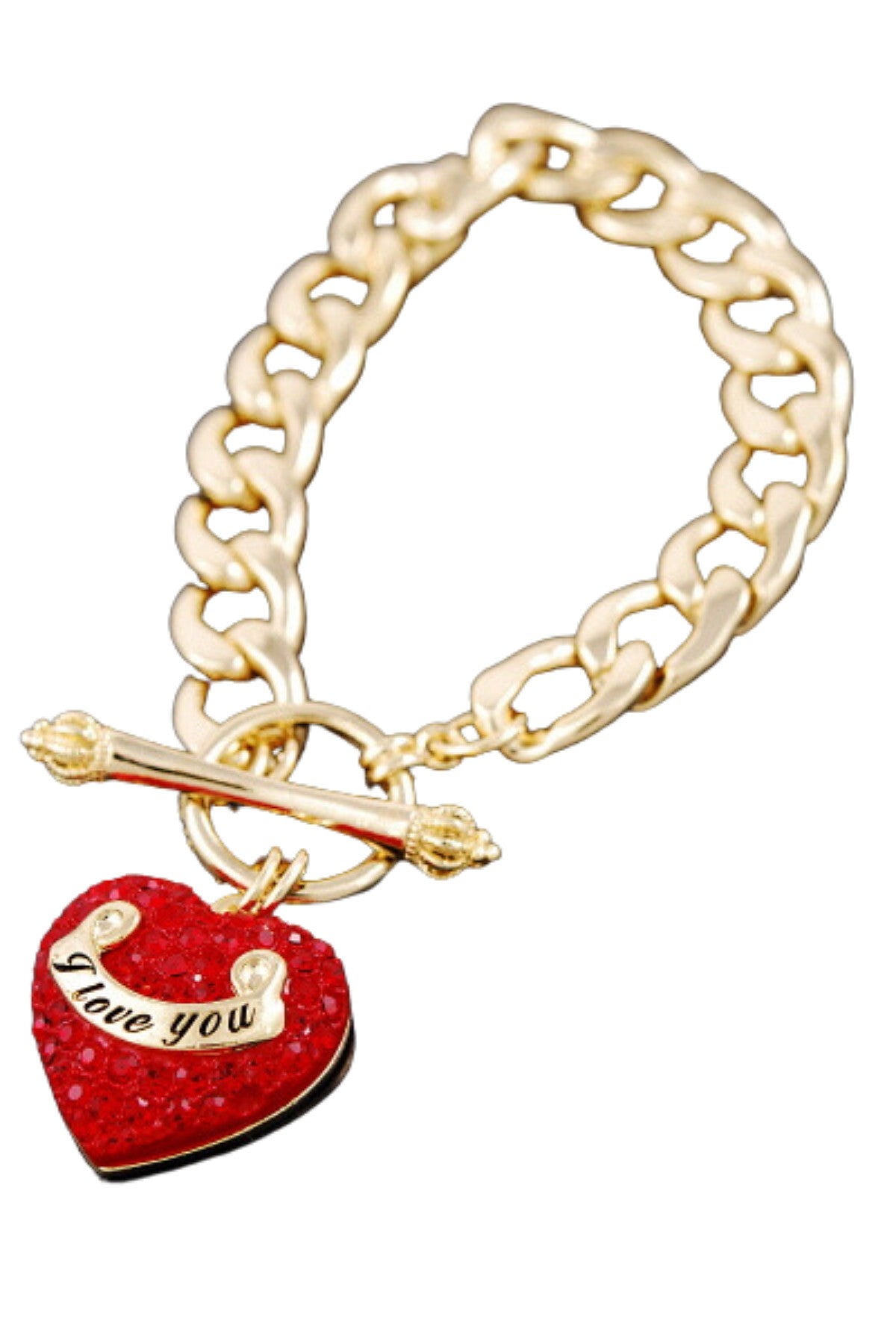 A beautiful crystal heart bracelet with a double plated finish and toggle clasp, showcasing elegance and craftsmanship.