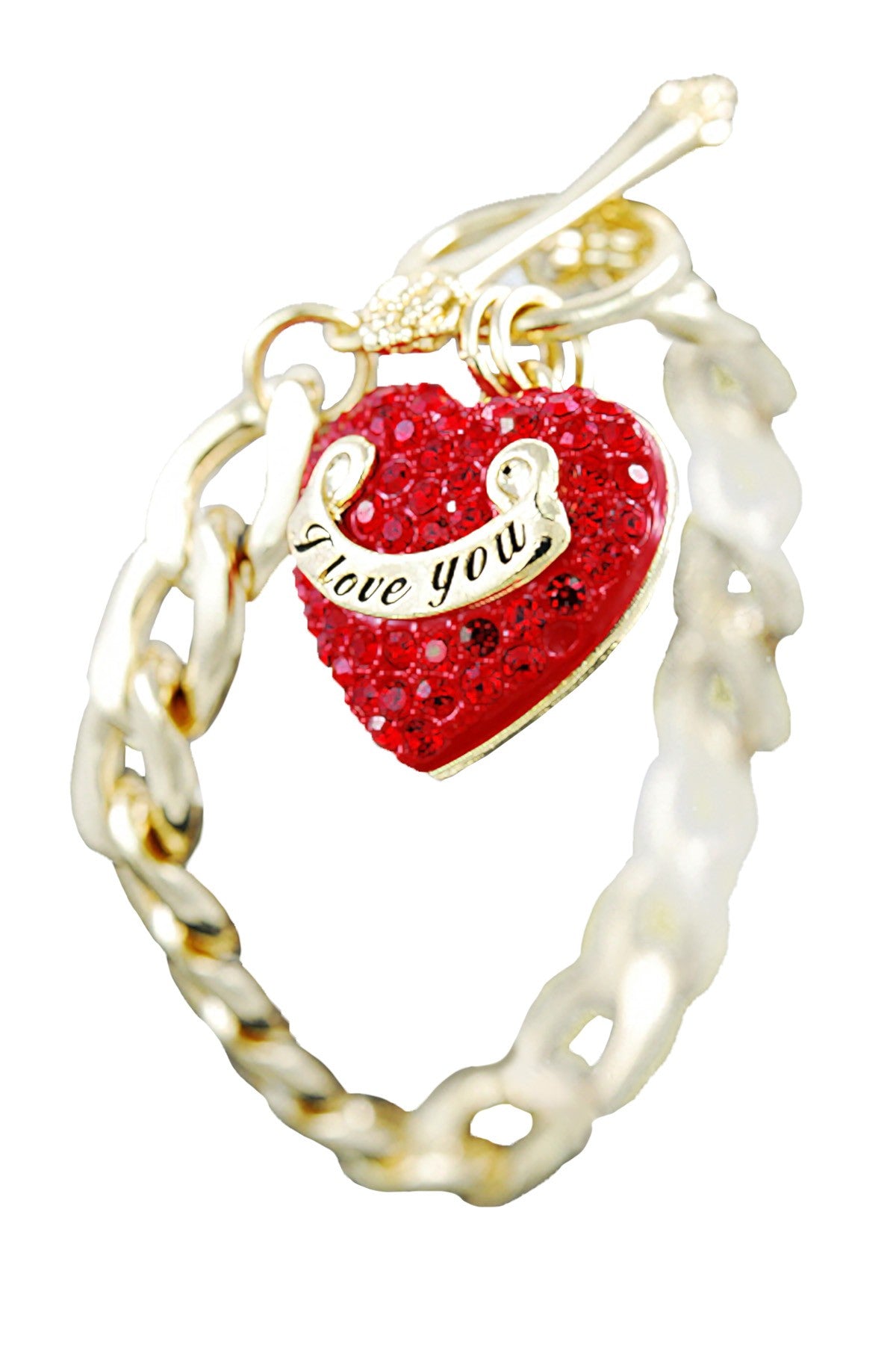 A beautiful crystal heart bracelet with a double plated finish and toggle clasp, showcasing elegance and craftsmanship.