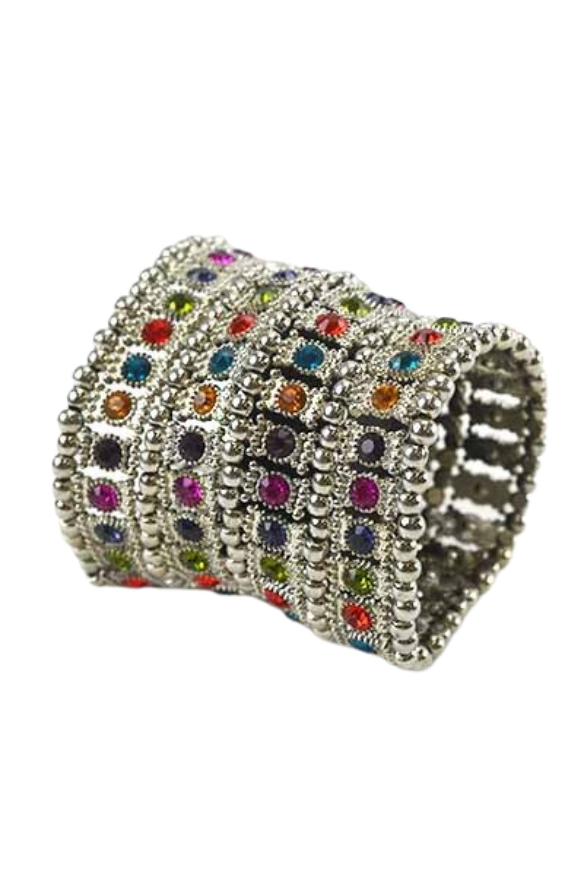 A beautiful studded crystal bracelet with a stretchable design, showcasing sparkling crystals set in a stylish arrangement.