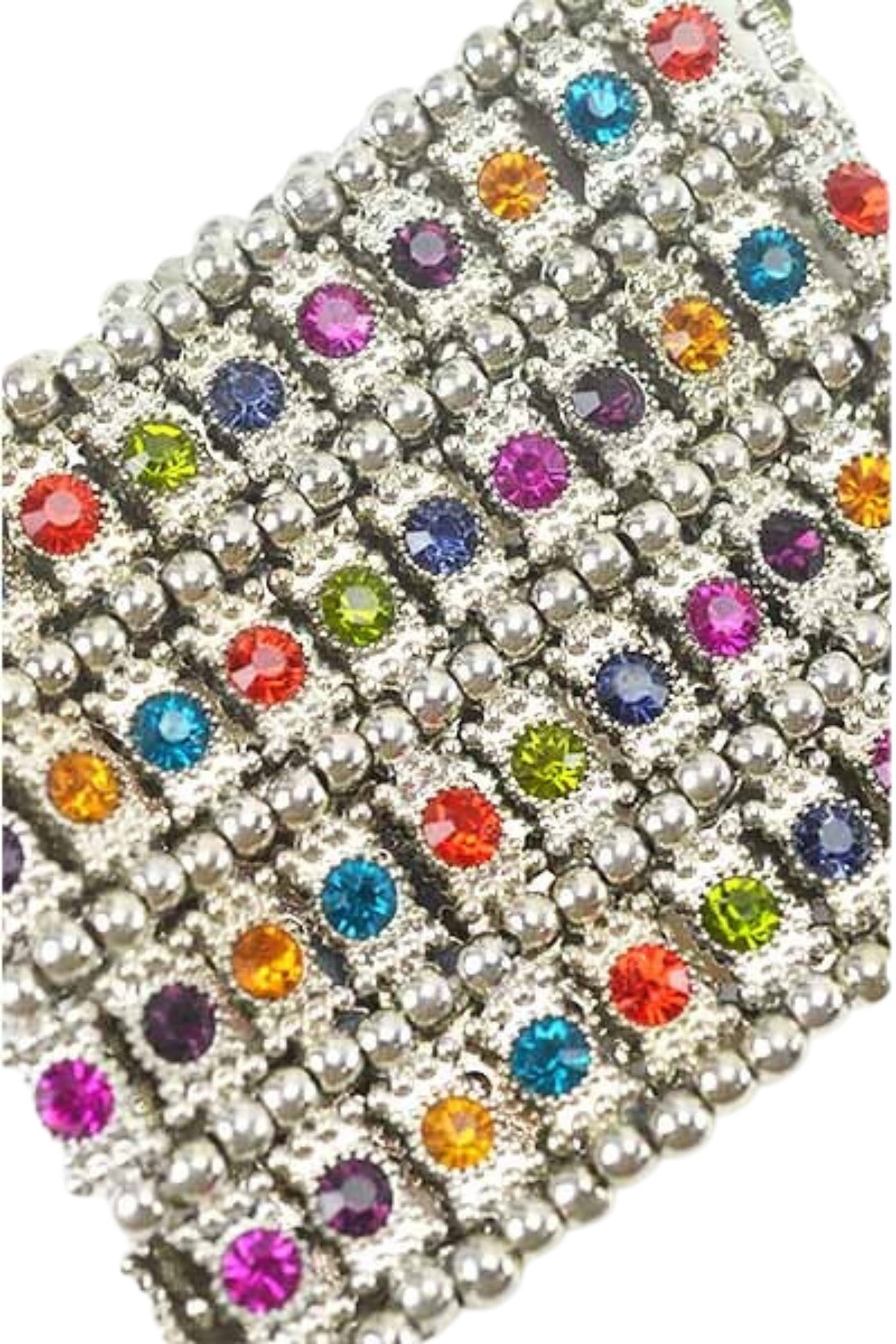 A beautiful studded crystal bracelet with a stretchable design, showcasing sparkling crystals set in a stylish arrangement.