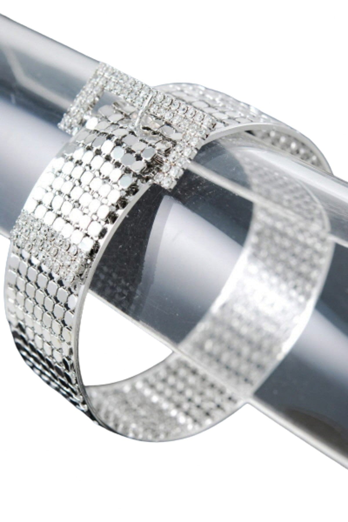 A stylish crystal buckle metal bracelet showcasing its elegant design and durable construction.