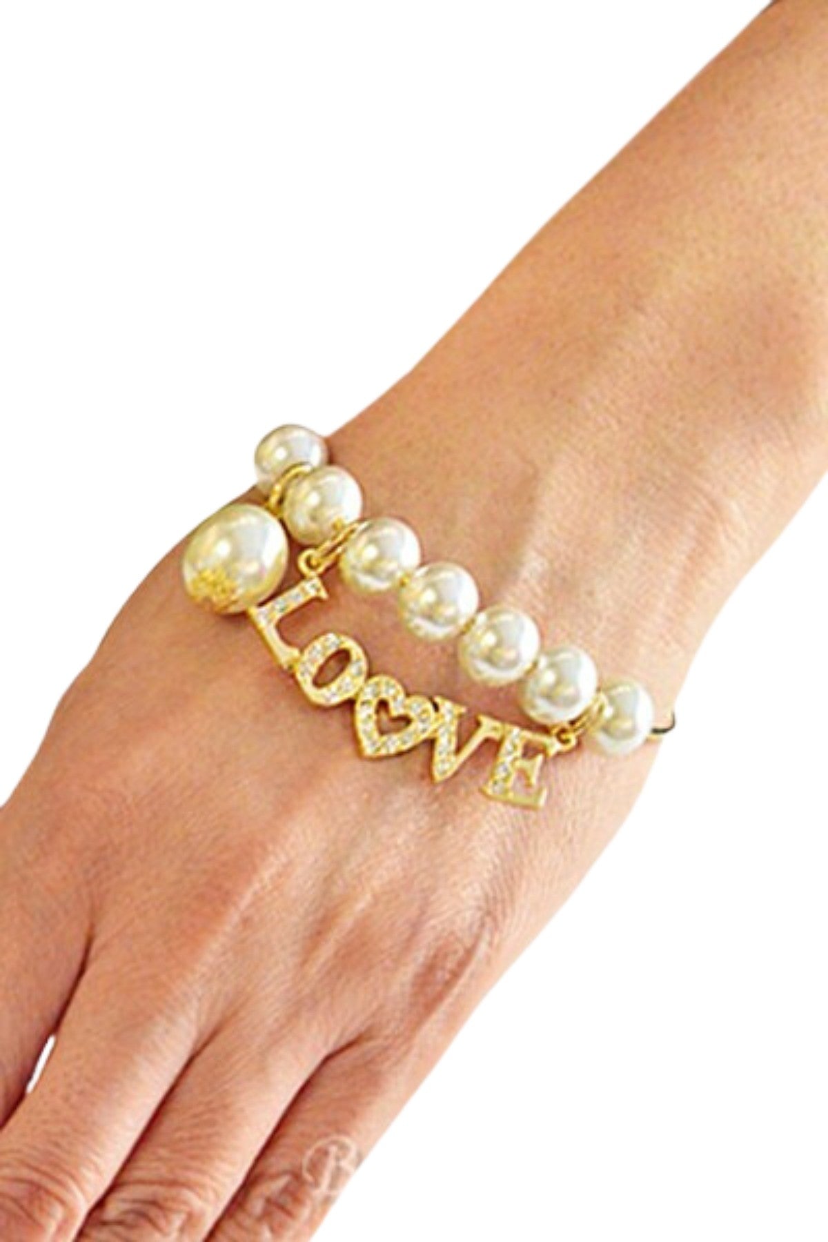 Bella-K New Korea Fashion 'LOVE' Bracelet featuring pearl charm and gold plating, elegantly designed for stylish wear.