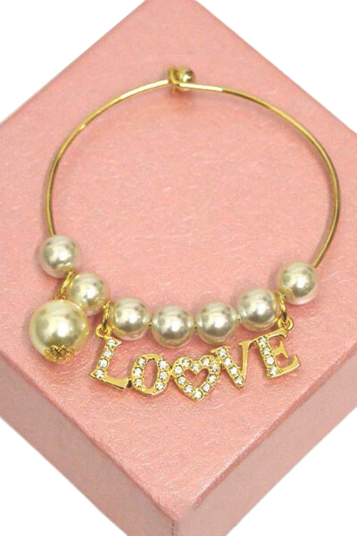 Bella-K New Korea Fashion 'LOVE' Bracelet featuring pearl charm and gold plating, elegantly designed for stylish wear.