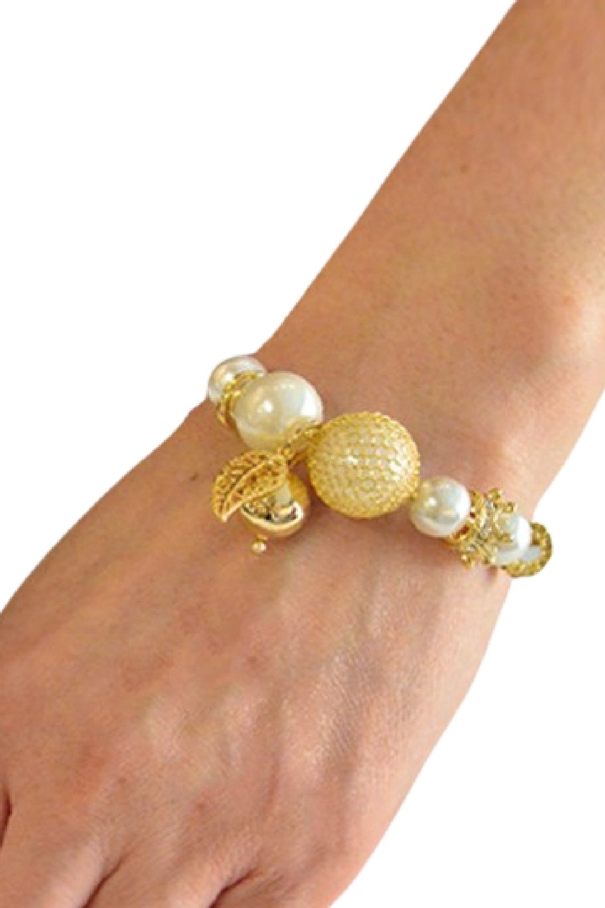 Bella-K Pearl & Crown Charm Bangle Bracelets featuring gold plating, cream pearls, and crystal stones, elegantly designed for stylish wear.