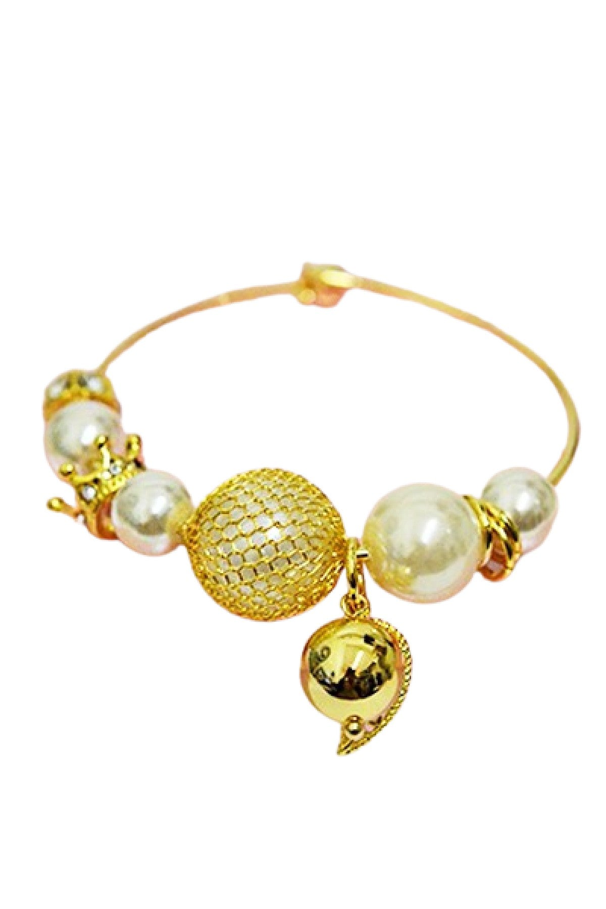 Bella-K Pearl & Crown Charm Bangle Bracelets featuring gold plating, cream pearls, and crystal stones, elegantly designed for stylish wear.