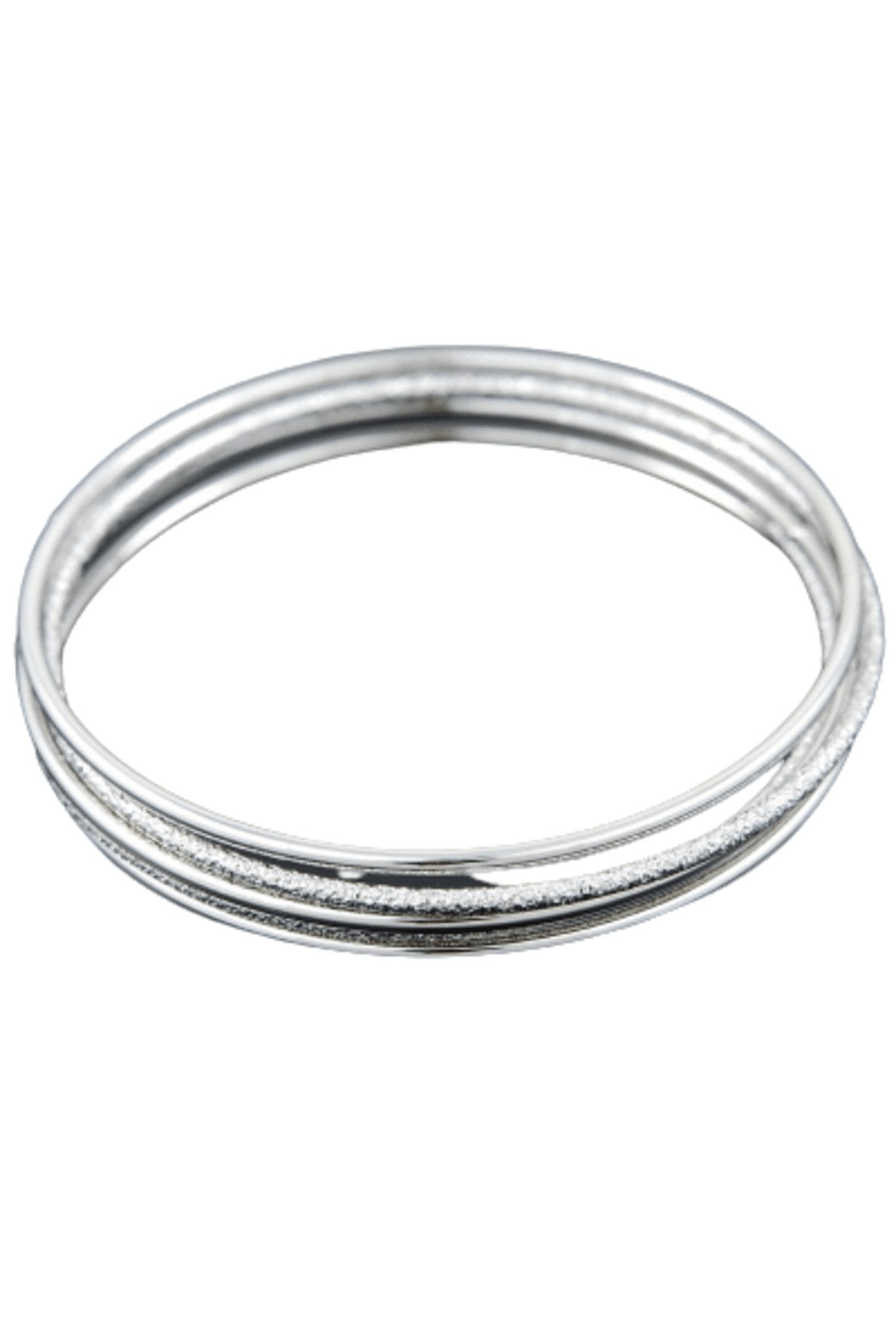 A stylish set of five mix metal bangles, double plated, showcasing a blend of metals with a diameter of 2 3/4 inches.