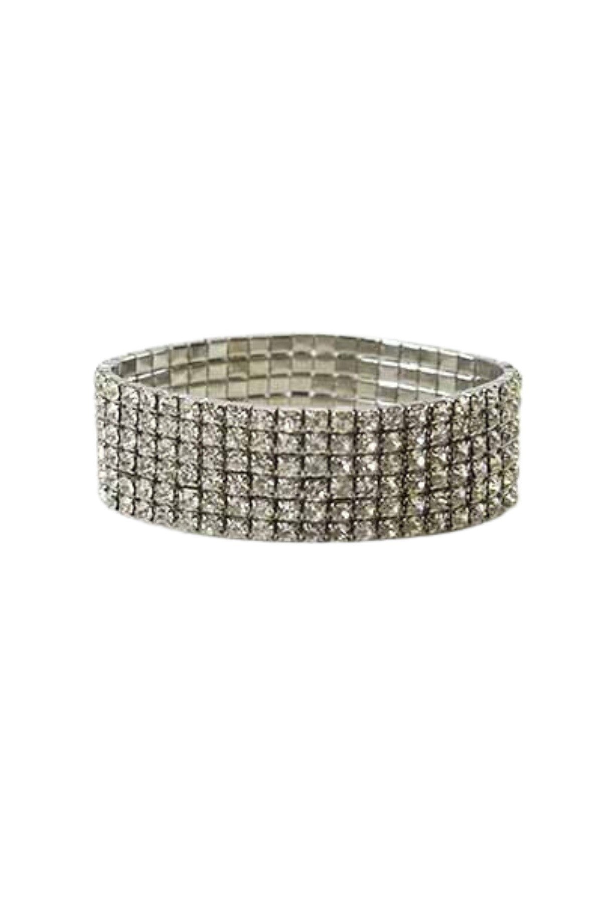 A beautiful 6 line crystal bracelet with a stretch band, showcasing sparkling crystals on a comfortable design.