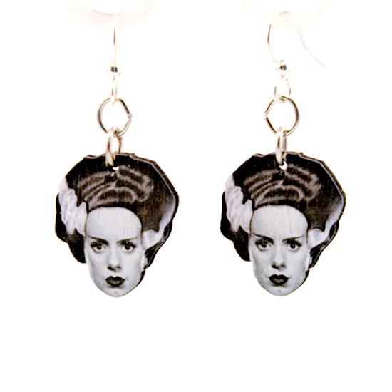 A pair of Bride of Frankenstein earrings made from sustainably sourced wood, featuring a laser-cut design with silver-finished stainless steel ear wires.