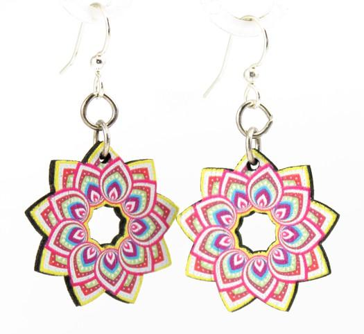 Brilliant Mandala Flower #168 earrings made from sustainably sourced wood with silver-finished stainless steel ear wires, showcasing intricate mandala design.