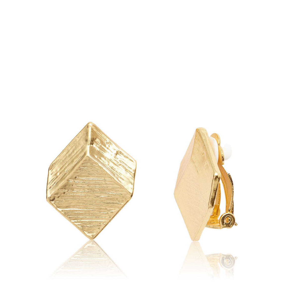 Brushed square clip earrings in gold, showcasing a unique 3D cube design with a brushed finish, perfect for stylish outfits.