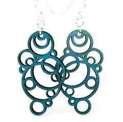 Teal Bubble Earrings #1126 made from sustainably sourced wood with integrated circle bubbles design, featuring hypoallergenic stainless steel ear wires.