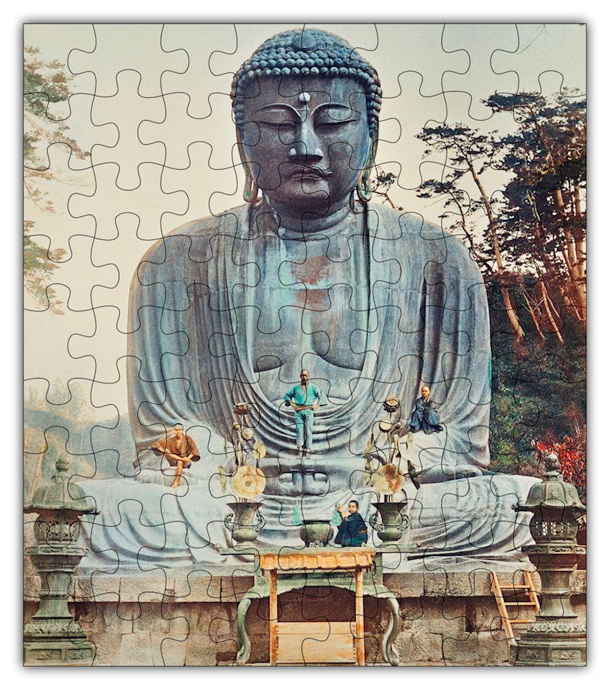 Buddha Puzzle #6800 featuring 72 precision-cut wooden pieces with a beautiful image of the Bronze Buddha at Kamakura.