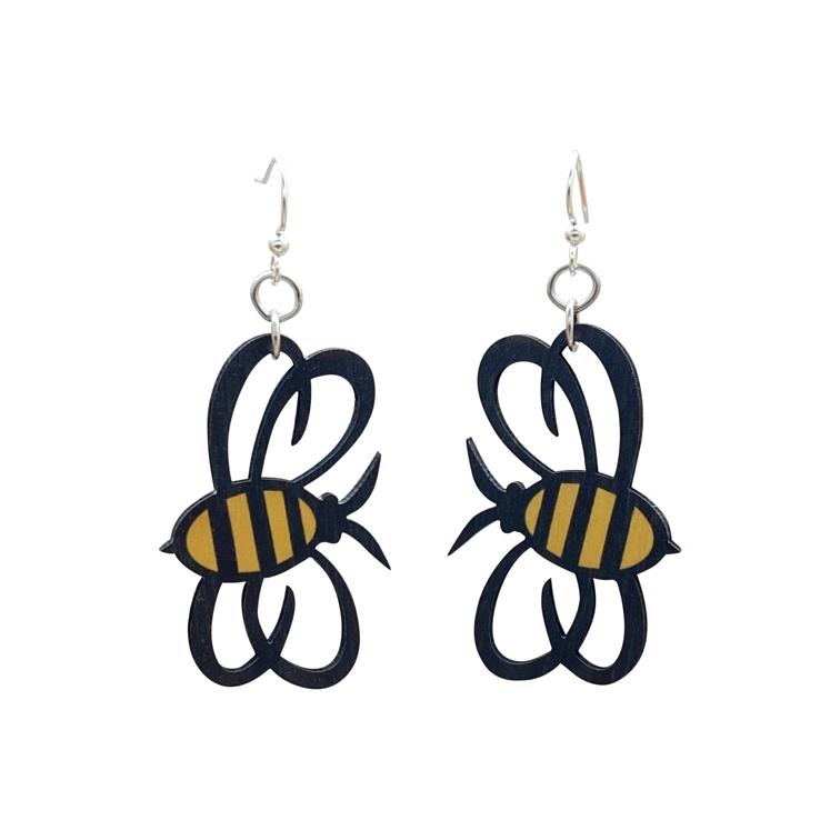 A pair of intricately designed Bumble Bee Earrings made from sustainably sourced wood, featuring a laser-cut bumble bee design on the front and a natural wood back.