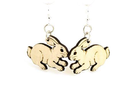 A pair of Bunny Earrings #1035 made from sustainably sourced wood, featuring a whimsical bunny design with silver-finished stainless steel ear wires.