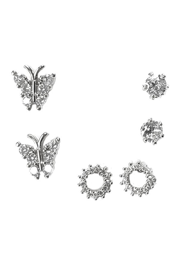 Butterfly 3pcs set earrings featuring cubic zirconia stones and a secure post back design, perfect for elegant occasions.