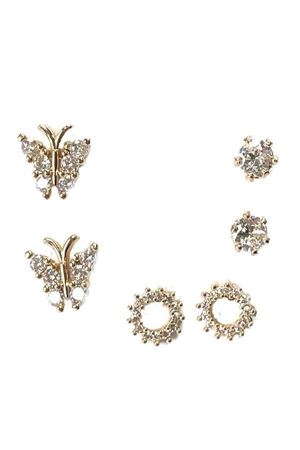 Butterfly 3pcs set earrings featuring cubic zirconia stones and a secure post back design, perfect for elegant occasions.