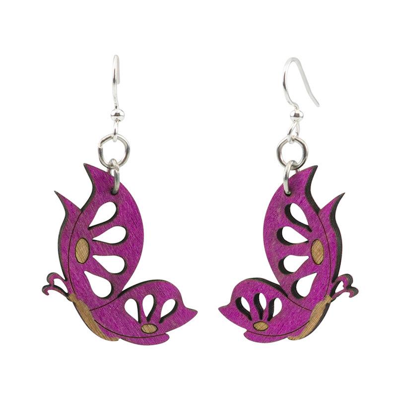 A pair of vibrant Fuschia butterfly earrings made from sustainably sourced wood, featuring silver-finished hypoallergenic ear wires.