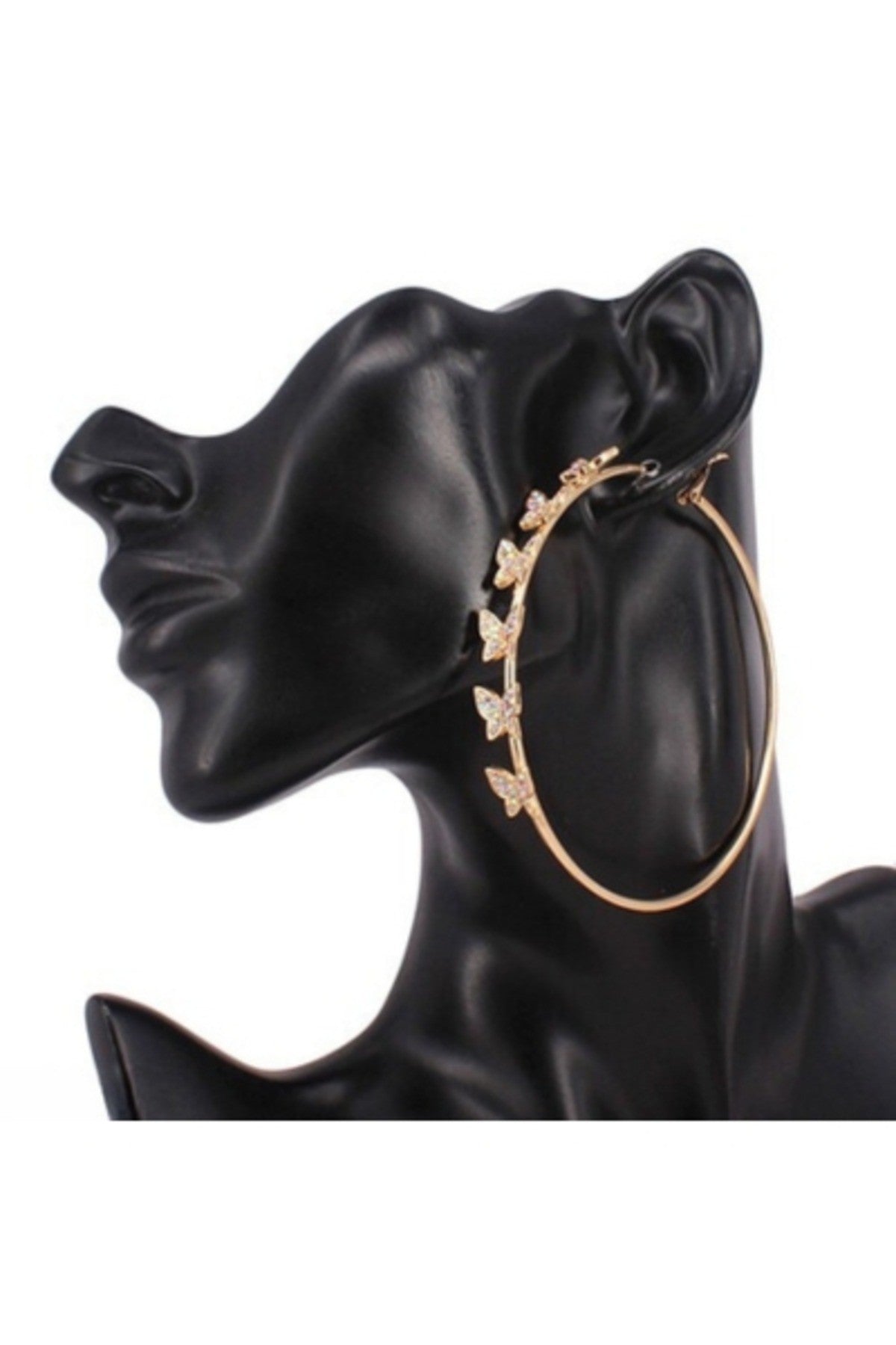 Elegant butterfly hoop earrings with a 3-inch diameter, featuring a secure latch back closure, perfect for any occasion.