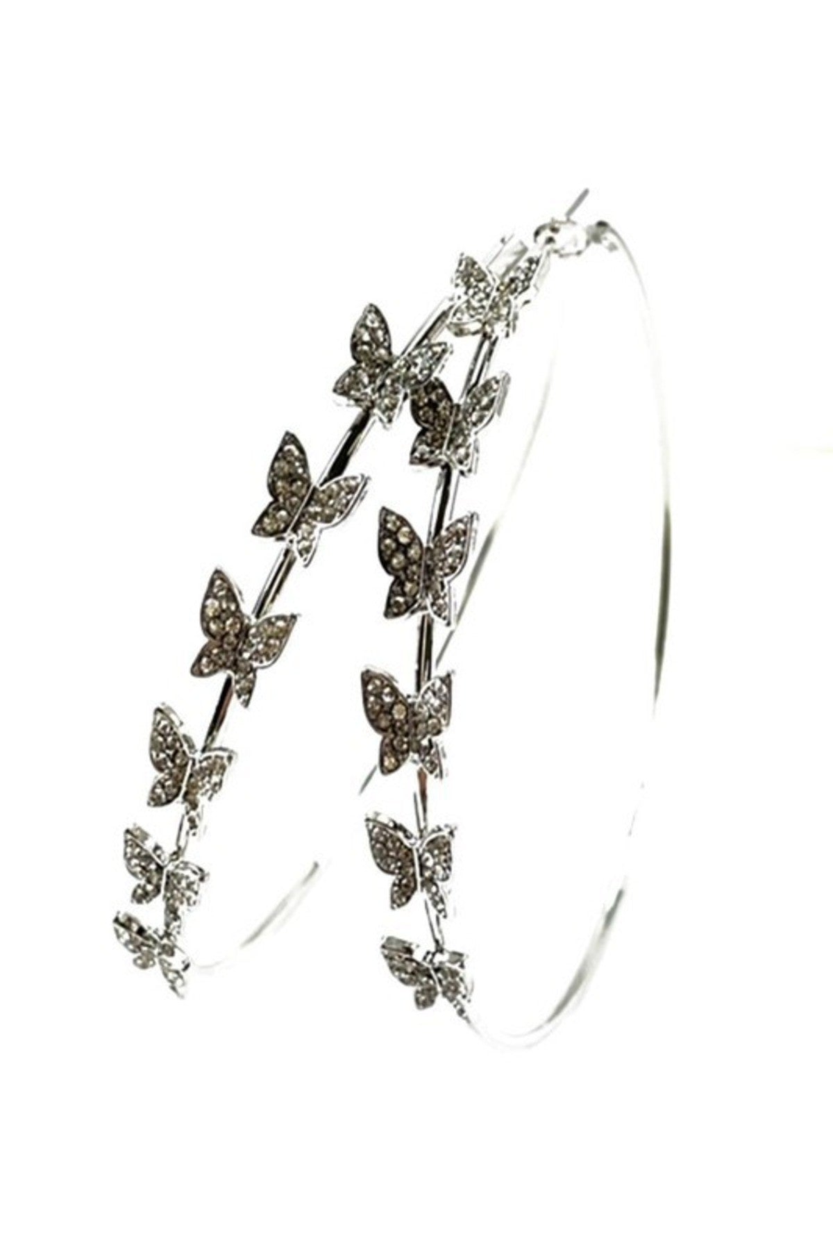 Elegant butterfly hoop earrings with a 3-inch diameter, featuring a secure latch back closure, perfect for any occasion.