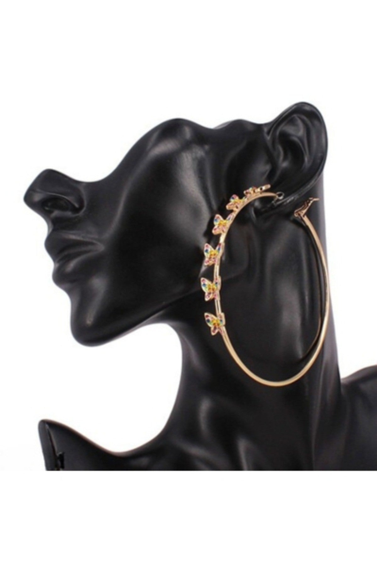 Elegant butterfly hoop earrings with a 3-inch diameter, featuring a secure latch back closure, perfect for any occasion.