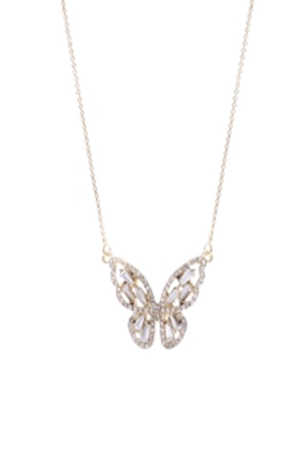 A delicate butterfly pendant necklace with a lobster claw clasp, showcasing intricate details and a shimmering finish.