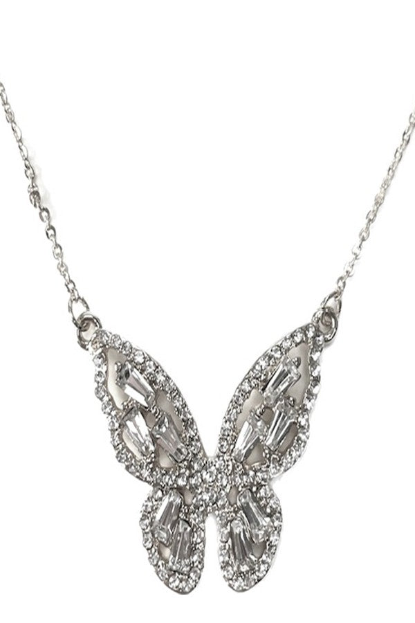 A delicate butterfly pendant necklace with a lobster claw clasp, showcasing intricate details and a shimmering finish.