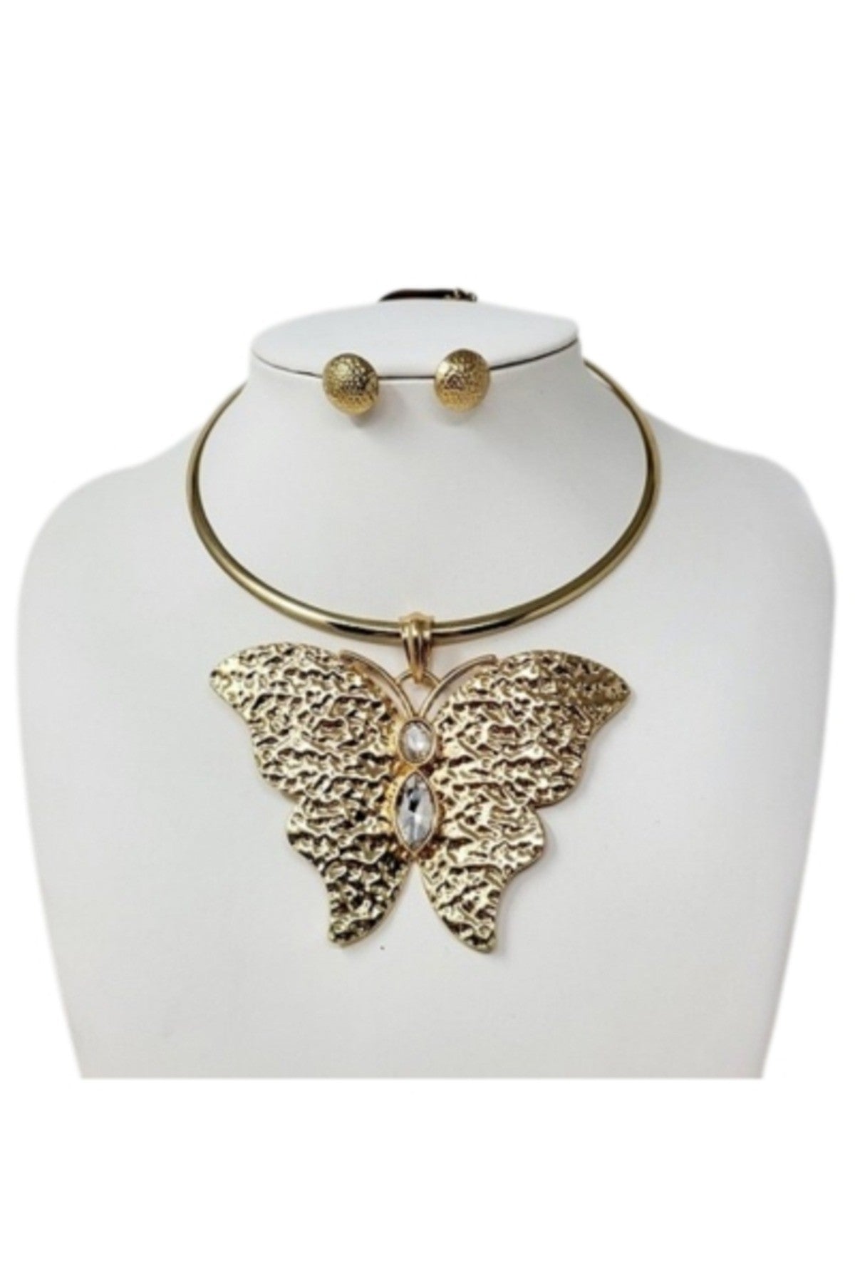 Butterfly pendant necklace set featuring a stone, with a 16-inch chain and lobster claw clasp.