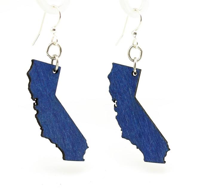 California State Earrings - S005, lightweight blue laser-cut wood earrings with hypoallergenic stainless steel ear wires.