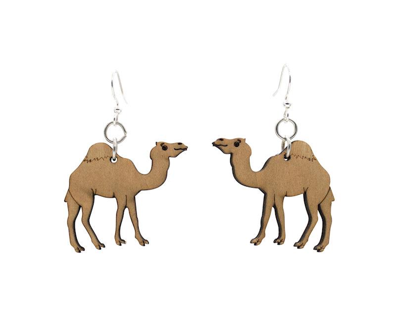 Stylish Camel Wood Earrings #1649 made from sustainably sourced wood with silver-finished stainless steel ear wires, showcasing a unique laser-cut design.