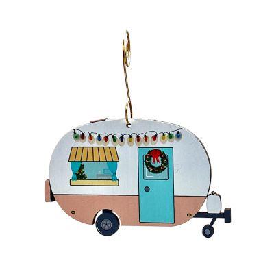 Eco-friendly Camper Ornament #9897 made from birch wood or recycled paper, featuring a laser-cut design and glossy finish.