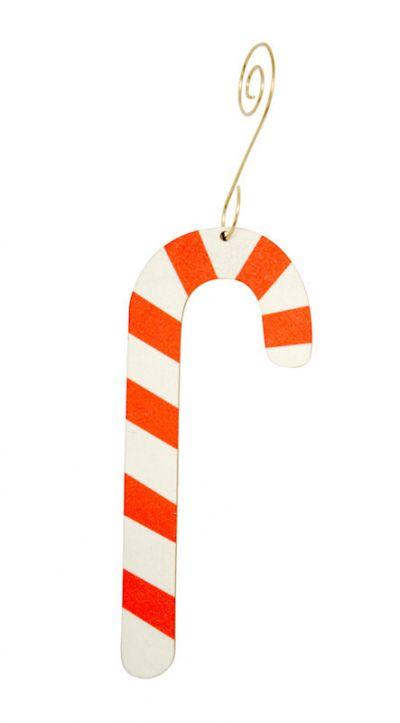 Candy Cane Ornament #9988 made from eco-friendly birch wood and recycled paper, featuring a laser-cut design and glossy finish.