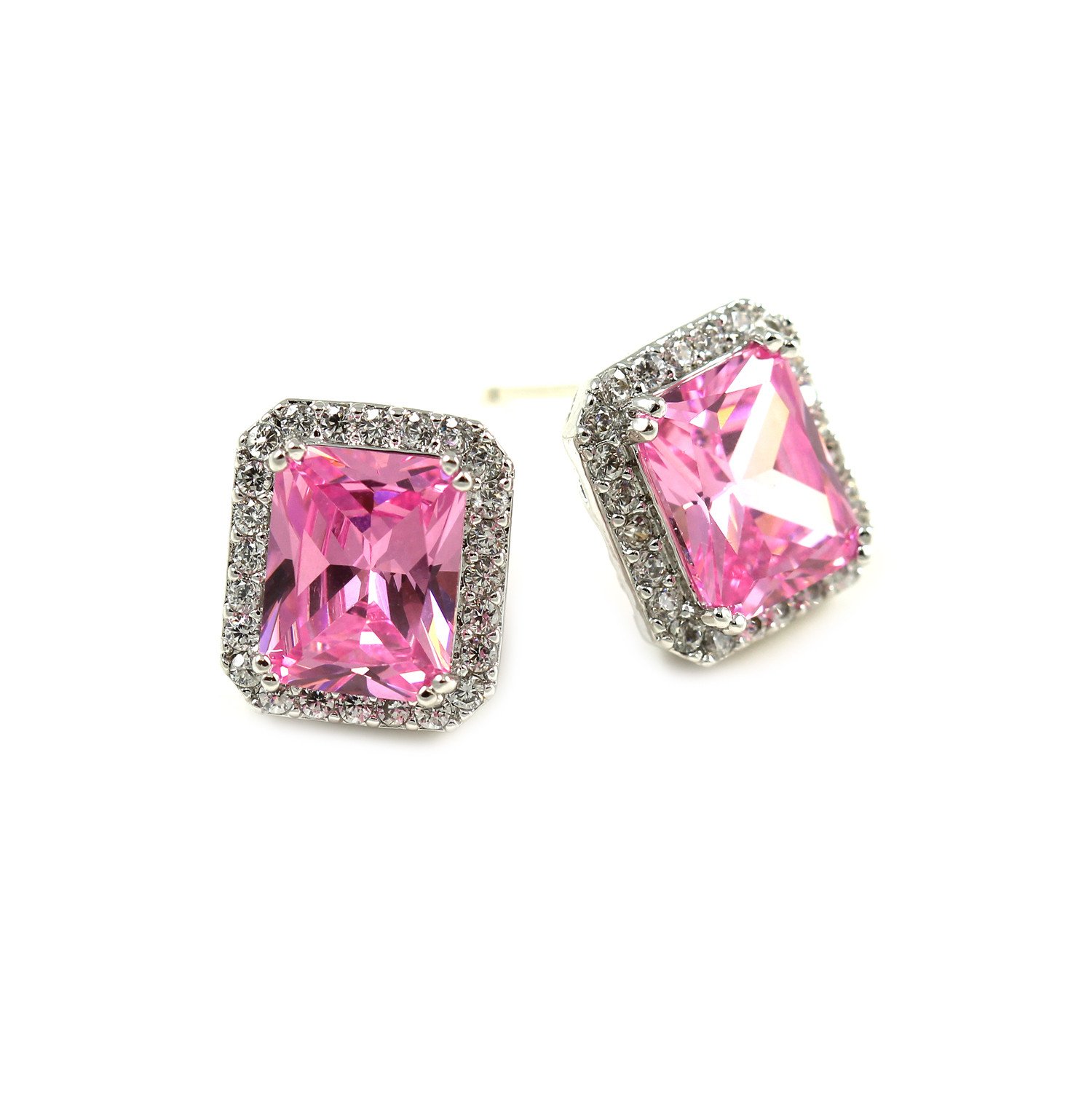 Candy Cz Studs featuring pink Cubic Zirconia in a white gold plated setting with clear pave' crystals.