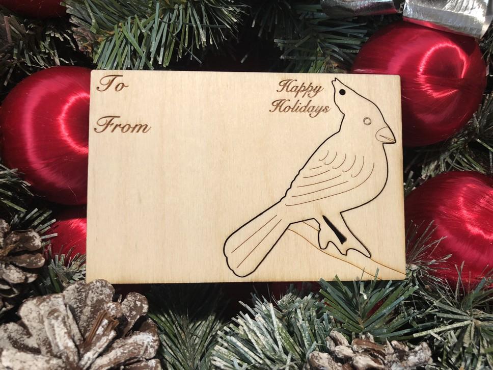 Cardinal Holiday Ornament Card #9012 made from sustainably sourced wood, featuring a laser-cut design of a cardinal, perfect for Christmas gifting.