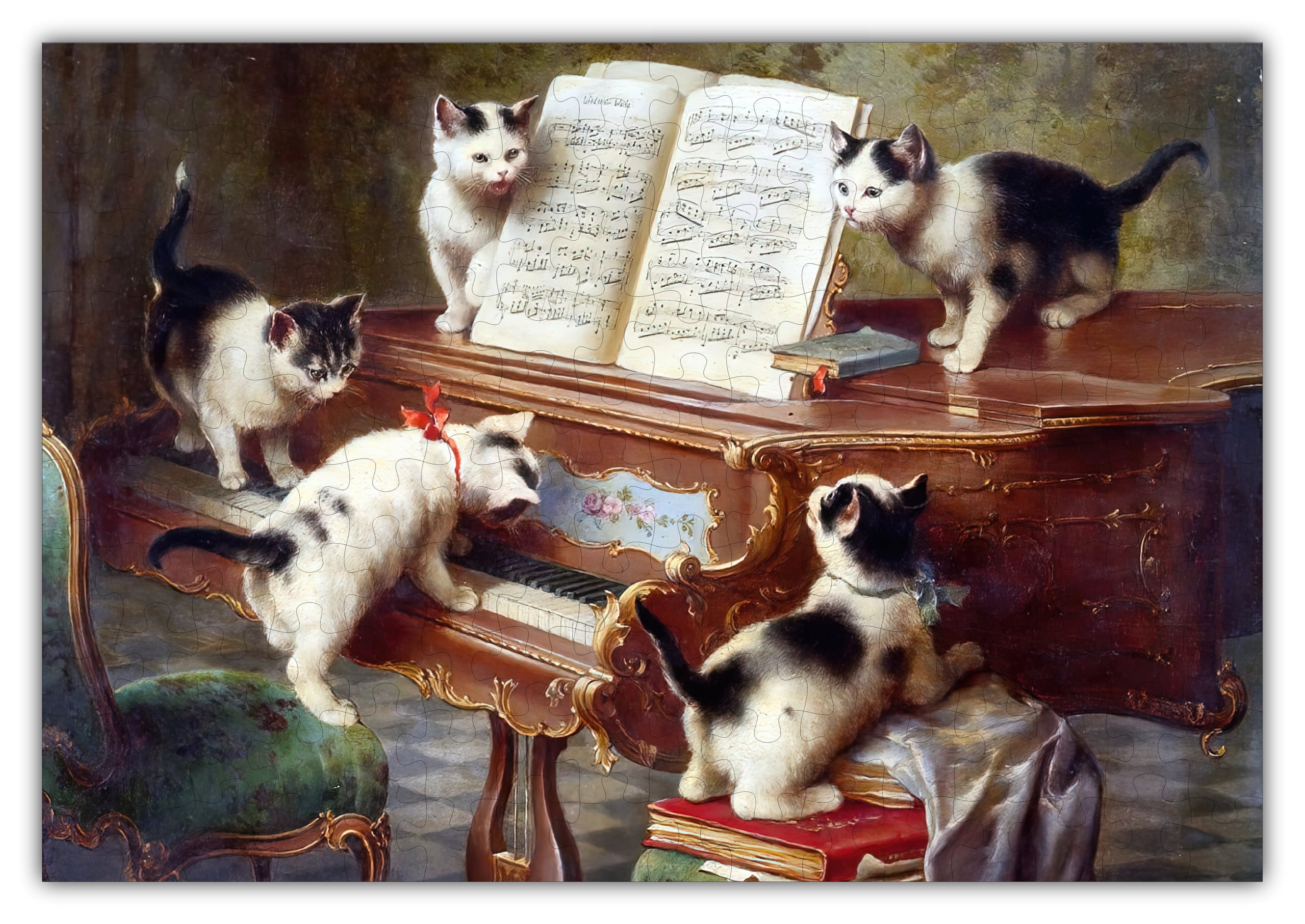 Carl Reichert's Kittens Recital Puzzle featuring 303 pieces, showcasing vibrant artwork of playful kittens in a recital setting.