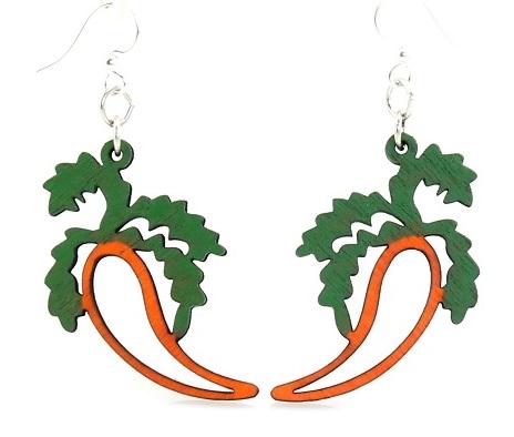 Colorful carrot earrings made from sustainably sourced wood, featuring tangerine and Kelly green colors, with stainless steel ear wires.