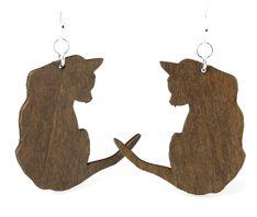 Cat Silhouette Earrings #1092 made from laser-cut wood, featuring a black satin finish and hypoallergenic stainless steel ear wires.